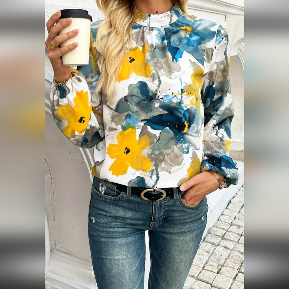 Women Blouse Turquoise/Tropical Print Ruffle Long Sleeves Size XXL - Picture 3 of 13
